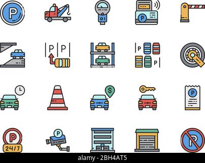 Set di icone a colori piatte per il parcheggio. Camion, parking meter, cono stradale e molto altro ancora Illustrazione Vettoriale