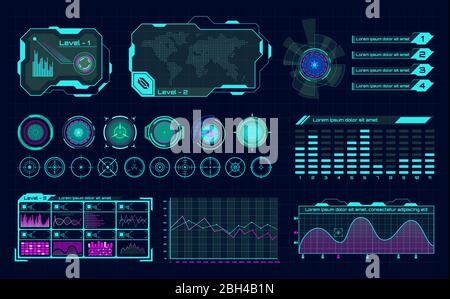 ologramma futuristico ui. Interfaccia grafica infografica, frame hud virtuali e regolatore digitale a barre, pulsanti ologramma scientifico icone vettoriali. Dash Illustrazione Vettoriale