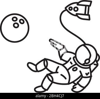 Astronauta che cammina nello spazio, puntando al pianeta a forma di palla da bowling, icona a linea vettoriale. Illustrazione Vettoriale