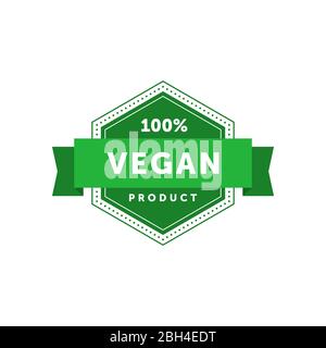 100% Vegan prodotto badge haxagonal con nastro. Elemento di progettazione per il design del packaging e materiale promozionale. Illustrazione vettoriale. Illustrazione Vettoriale