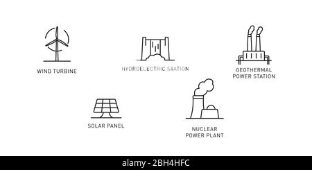 Set di icone sottili per fonti di energia rinnovabili. Elementi di progettazione per le energie rinnovabili, la tecnologia verde. Illustrazione vettoriale. Illustrazione Vettoriale