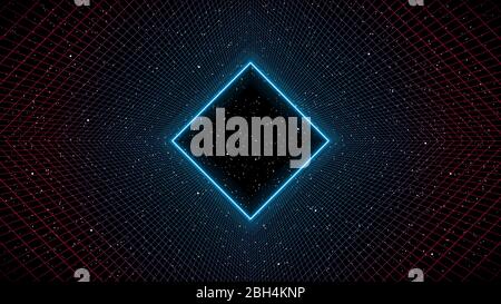Telaio Newretrowave blu neon rombo con laser blu rosa prospettiva tunnel griglia su sfondo stellato spazio. Panorama del cyber laser retrofuturistico. Illustrazione Vettoriale