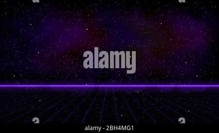 Griglia di prospettiva laser viola a onde corte con linea dell'orizzonte luminosa e nebulosa spaziale su sfondo stellato. Illustrazione retrofuturistica del panorama informatico Illustrazione Vettoriale