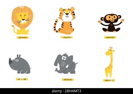 Set di vettori animali. Fumetto scimmia, giraffa, leone, ippopotamo, elefante, tigre. Illustrazione Vettoriale