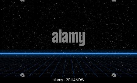 Griglia di prospettiva laser blu a onde corte con linea di orizzonte luminosa su sfondo stellato. Retrofuturistica cyber paesaggio illustrazione nello stile Illustrazione Vettoriale
