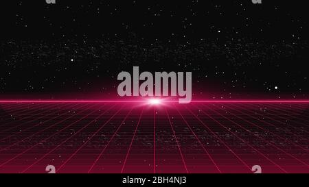 Griglia in prospettiva laser rossa stile Retrowave con luce flash all'orizzonte sullo sfondo dello spazio stellato. Panorama del cyber laser retrofuturistico. Illustrazione Vettoriale