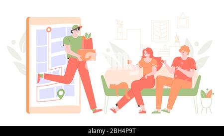 Consegna a domicilio di merci e alimenti. Illustrazione Vettoriale