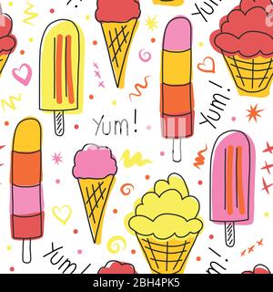 Motivo vettoriale per gelato senza cuciture. Possicles carino disegnato a mano e spruzzare in rosa rosso arancione e giallo su uno sfondo. Illustrazione Vettoriale