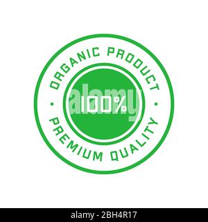 Logo verde di qualità premium del 100% per i prodotti biologici. Elemento di progettazione per il design del packaging e materiale promozionale. Illustrazione vettoriale. Illustrazione Vettoriale