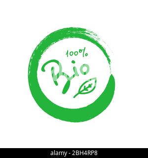 BIO 100% foglia albero manoscritto verde pennello tratto distintivo. Elemento di progettazione per il design del packaging e materiale promozionale. Illustrazione vettoriale. Illustrazione Vettoriale