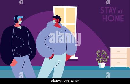 giovani uomini che usano maschere facciali a casa disegno di illustrazione vettoriale Illustrazione Vettoriale