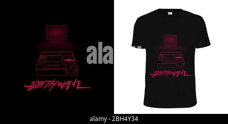 Onda di sincronizzazione. Elegante t-shirt e abbigliamento retro con TV color rosa con schermo luminoso e registratore audio prospettico in primo piano con Illustrazione Vettoriale