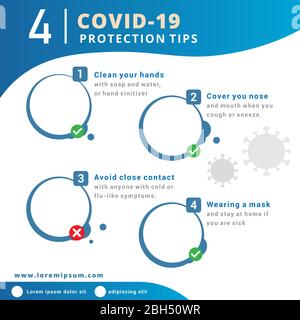 Infografica sul virus Corona. Covid-19 Disease 2019, infografica sui suggerimenti per la protezione antivirus. Illustrazione Vettoriale