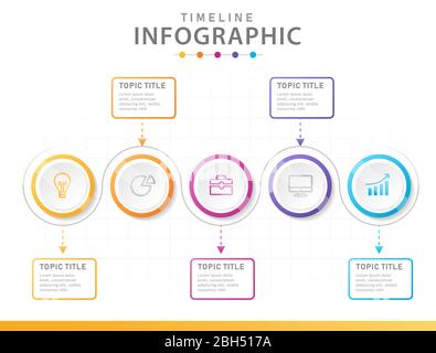 Modello infografico per le aziende. 5 passi diagramma della timeline moderna con cerchio, infografica vettoriale di presentazione. Illustrazione Vettoriale