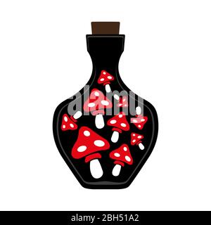 Icona bottiglia con mosca agarico rosso su sfondo bianco. Oggetto isolato. Elisir magico o veleno Illustrazione Vettoriale