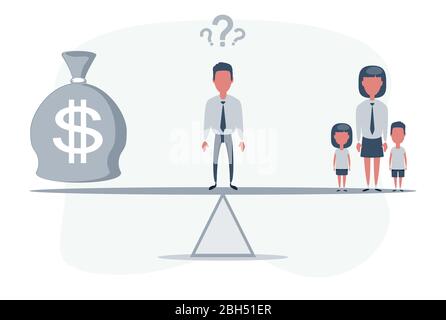 Semplice cartone animato di un uomo in piedi su una scala tra simbolo del dollaro e la sua famiglia, equilibrio tra carriera e concetto di famiglia Illustrazione Vettoriale