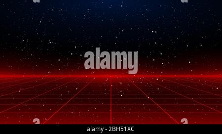 Newretrowave sci-fi rosso laser prospettiva sfondo griglia in uno spazio stellato. Panorama del cyber laser retrofuturistico. Illustrazione Vettoriale