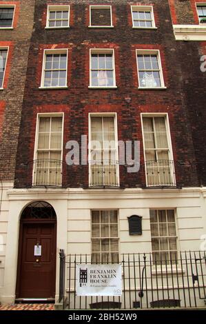 Situato in 36 Craven Street, la casa di Benjamin Franklin è l'unica casa sopravvissuta di questo famoso fondatore americano Padre 14 marzo 2020 a Londra Foto Stock