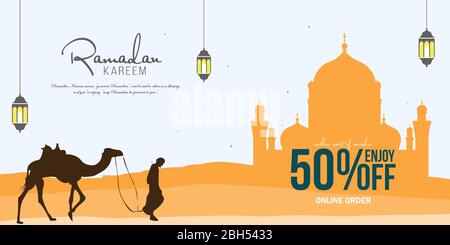 Ramadan Vendita, web header o banner design con lanterne islamiche e piatto 50% di sconto offerte sfondi Illustrazione Vettoriale