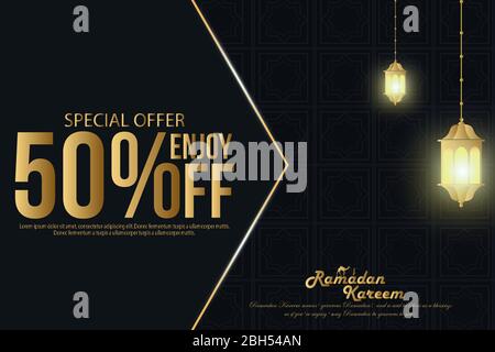 Ramadan Vendita, web header o banner design con lanterne islamiche e piatto 50% di sconto offerte sfondi Illustrazione Vettoriale