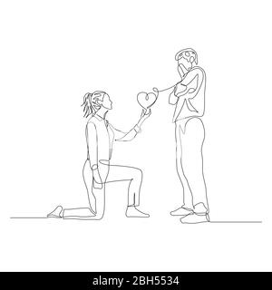 Una donna continua linea sul ginocchio fa una proposta di matrimonio ad un uomo. Matrimonio e tema amore. Vettore Illustrazione Vettoriale