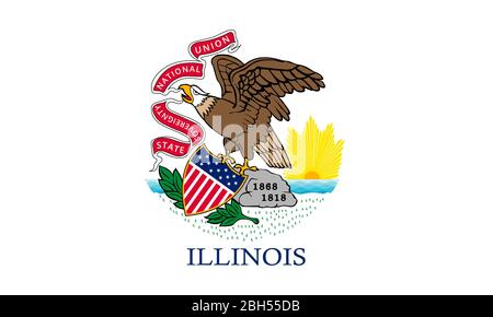 Bandiera dello stato dell'Illinois, illustrazione vettoriale. Stemma dello stato dell'Illinois su sfondo bianco, illustrazione disegnata a mano di alta qualità. Illustrazione Vettoriale