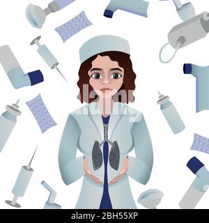 Medico circondato da farmaci. Malattie delle vie respiratorie. Polmonite, tubercolosi, coronavirus e asma. Influenza, ostruzione bronchiale e cancro. Illustrazione Vettoriale