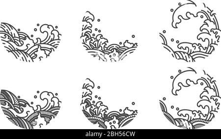 Linea orientale e tradizionale a forma d'onda d'acqua. E ombreggiare con linea a strisce. Giapponese, tailandese, cinese. Disegno decorativo astratto arti. Illustrazione Vettoriale