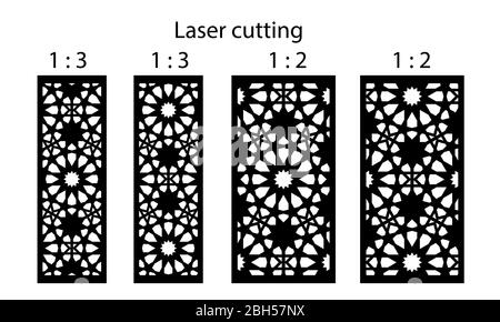 Set di pannelli decorativi vettoriali con taglio laser. Design Jali, arredamento cnc, design d'interni. Taglio laser arabo islamico. Illustrazione Vettoriale