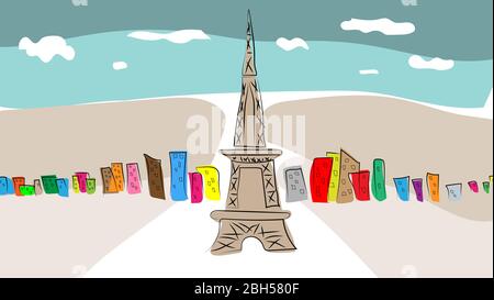 La città colorata di Parigi. Disegnato a mano. Imitazione di un quadro di colorazione con vernici acquerelli. Disegno dei bambini. Illustrazione Vettoriale