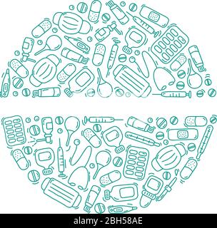 Dodle di farmacia di monolina disegnata a mano impostato sfondo nel vettore. Raccolta di elementi di design con spazio per il testo Illustrazione Vettoriale