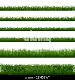 Bordi di erba realistici. Verde giardino pianta erba, campo paesaggio fresco prato elemento, prato lussureggiante giardinaggio fogliame vettore isolato senza giunture bordo se Illustrazione Vettoriale