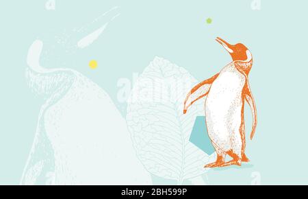 Pinguino orgoglioso. Dettagliato, riccamente testurizzato, colorato, disegnato a mano. Illustrazione Vettoriale