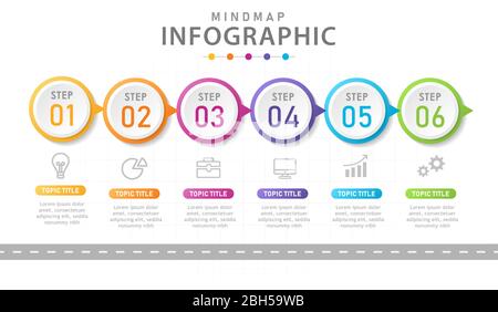 Modello infografico per le aziende. 6 passi diagramma della cronologia moderna con concetto di viaggio stradale. Infografica vettoriale di presentazione. Illustrazione Vettoriale