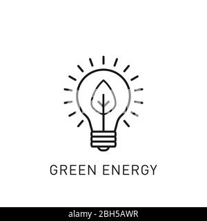 Lampadina verde a luce energetica con icona a linea sottile a foglia di albero. Elemento di progettazione per le energie rinnovabili, la tecnologia verde. Illustrazione vettoriale. Illustrazione Vettoriale