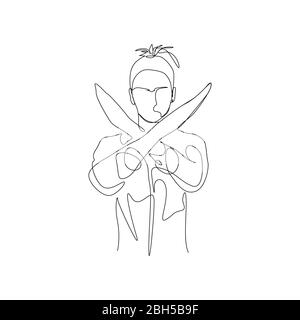 Donna continua con una linea di ponytail fa il segno di divieto delle mani, croce, NESSUN segno. Vettore Illustrazione Vettoriale