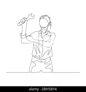 La donna continua ad una linea tiene la chiave in mano sollevata. Vettore Illustrazione Vettoriale