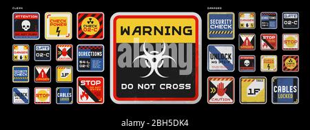 Set di segnali di avvertimento, divieto e informazioni. Disposizione quadrata. Illustrazione Vettoriale