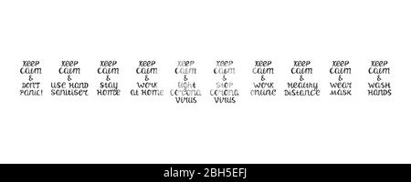 Citazioni impostate su coronavirus. Lavarsi le mani, mantenere una distanza sana, rimanere a casa, lavorare da casa, indossare la maschera. Caratteri disegnati a mano. Isolato su bianco Illustrazione Vettoriale