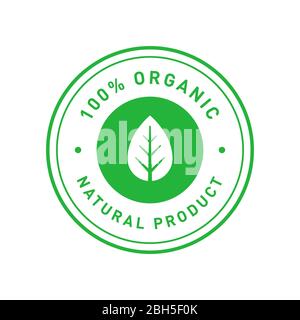 Adesivo a cerchio verde organico 100% prodotto naturale con foglia simmetrica. Elemento di progettazione per il design del packaging e materiale promozionale. Vettore Illustrazione Vettoriale