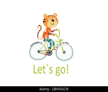 Carino tigre africana in bicicletta va per una passeggiata. Carta per bambini, adesivo, invito a feste, stampa per abiti per bambini Illustrazione Vettoriale