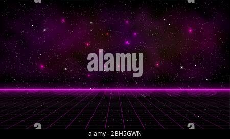 Griglia di prospettiva laser rosa a onde corte con linea dell'orizzonte luminosa e nebulosa spaziale su sfondo stellato. Illustrazione retrofuturistica del panorama informatico in Illustrazione Vettoriale
