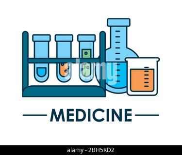 concetto di medicina, matracci chimici e provette su supporto su sfondo bianco, design colorato, illustrazione vettoriale Illustrazione Vettoriale