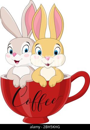 Coniglio coppia cartone animato nella tazza da caffè Illustrazione Vettoriale
