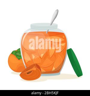 Deliziosa marmellata di persimmoni in un bellissimo vaso. Illustrazione vettoriale. Dessert. Illustrazione Vettoriale