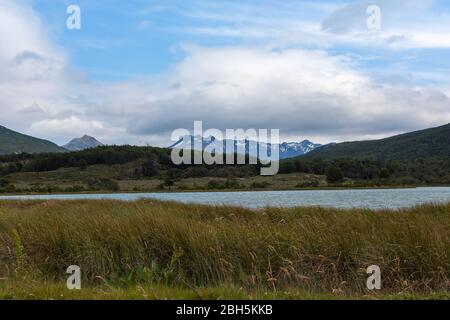 Paesaggio sul fiume Lapataia nel Parco Nazionale della Terra del Fuego, Argentina Foto Stock