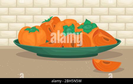 Un piatto di persimmons maturi. Persimmon intero e pezzi. Illustrazione vettoriale di frutta. Illustrazione Vettoriale