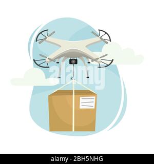 Consegna di merci a domicilio con un quadricottero. Consegna senza contatto di merci. Illustrazione Vettoriale