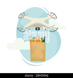Consegna di merci a domicilio con un quadricottero. Consegna senza contatto di merci. Illustrazione Vettoriale