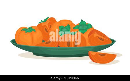 Un piatto di persimmons maturi. Persimmon intero e pezzi. Illustrazione vettoriale di frutta. Illustrazione Vettoriale